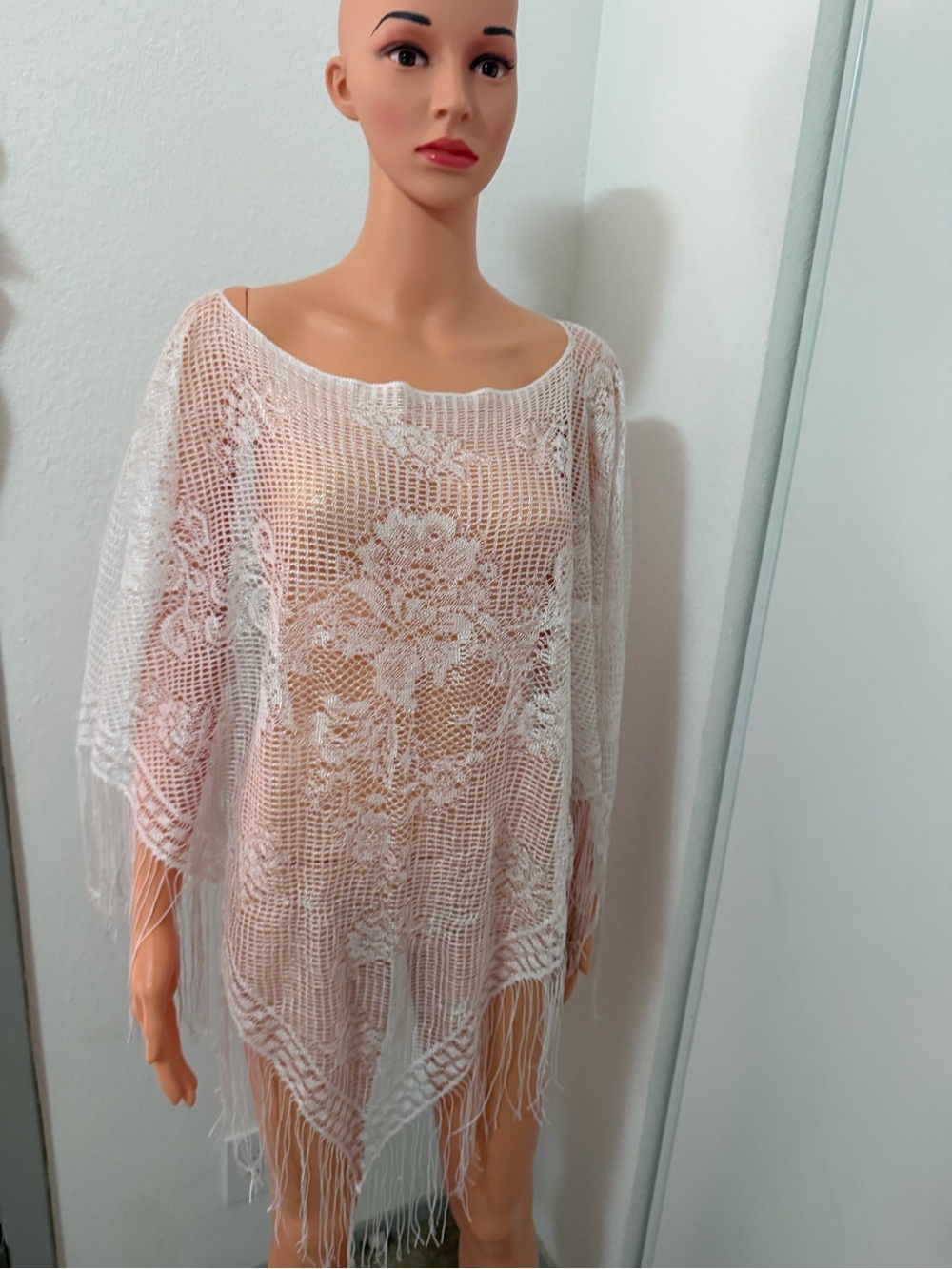 White Crochet Lace Fringe Boho Beach Cover Up One Size